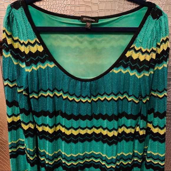 BEBE Green Gold Black Metallic Knit Mini Dress M - Picture 8 of 8